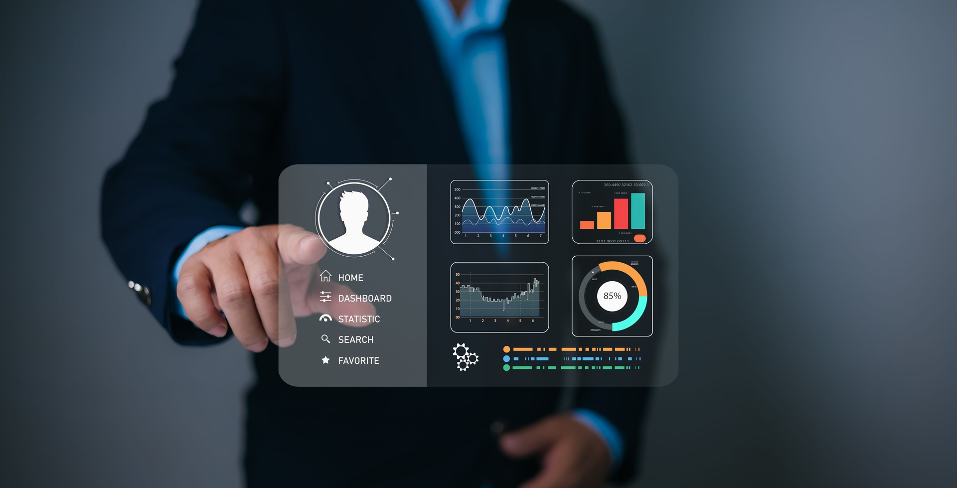 Businessman selecting candidate on a digital dashboard interface, analyzing talent profiles and data-driven HR insights for recruitment, teamwork, leadership, and workforce management.