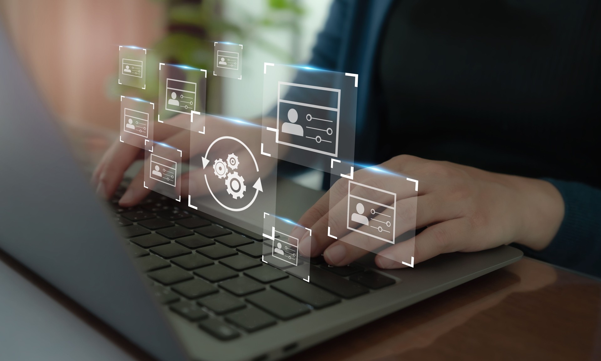 Automated process and data driven analytics concept. Using robot, ai, artificial intelligence for big data analytics and automated process of marketing, human resources, financial management.