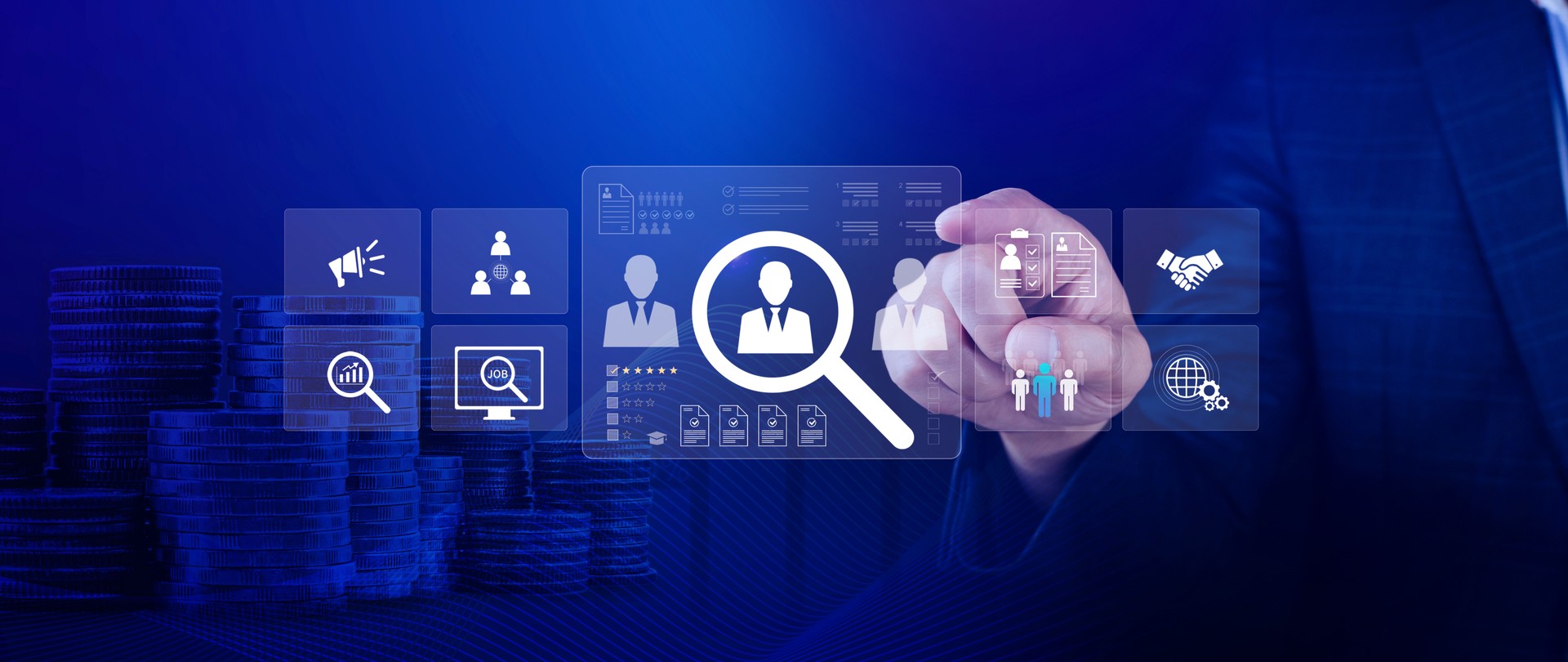 Digital interface for HR recruitment with icons and a hand giving a thumbs-up, superimposed over a stack of coins and city skyline.