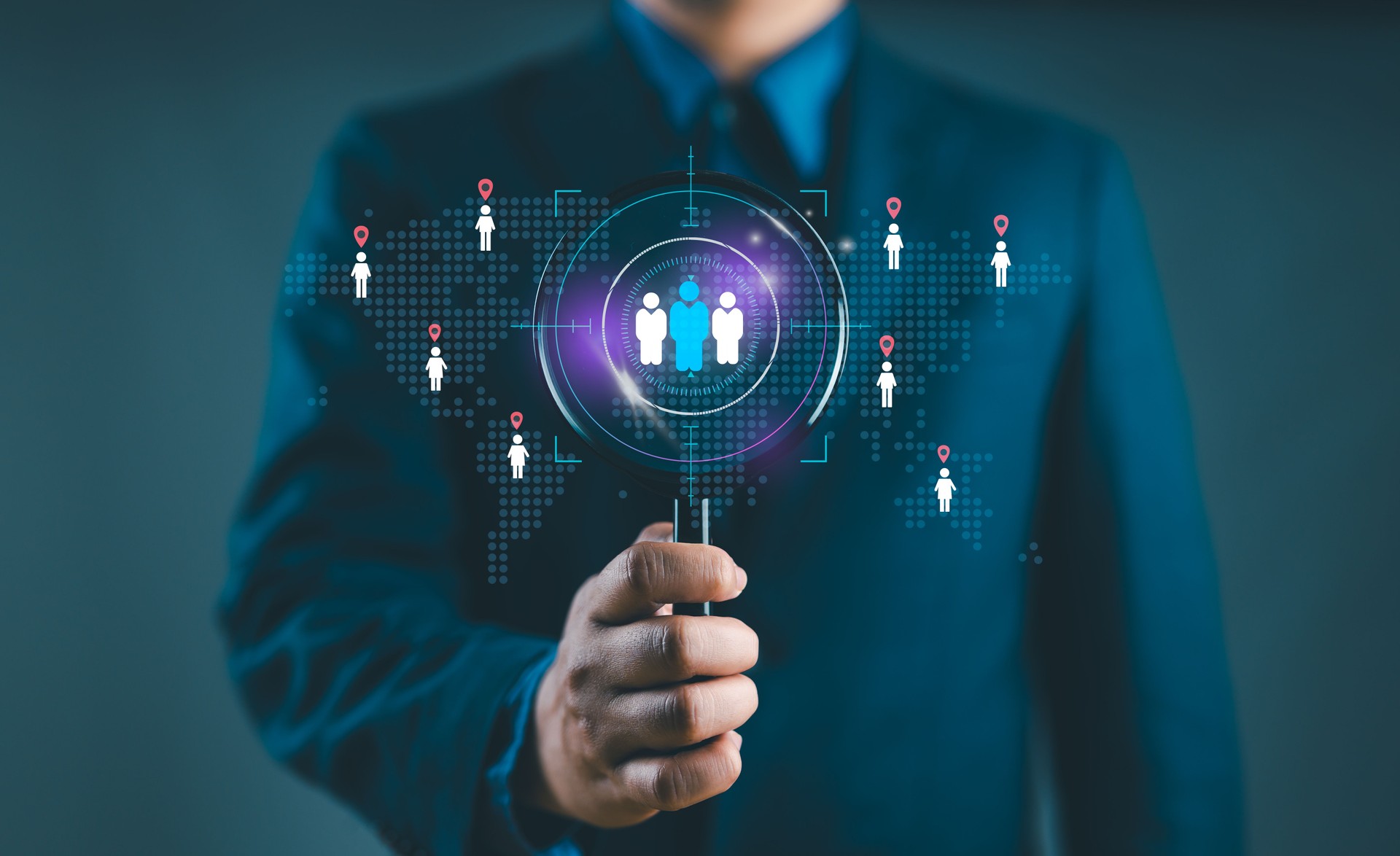 Customer Relationship Management, Businessman focus target on global structure customer network technology, Data exchanges development. Customer service, social media. Digital marketing online